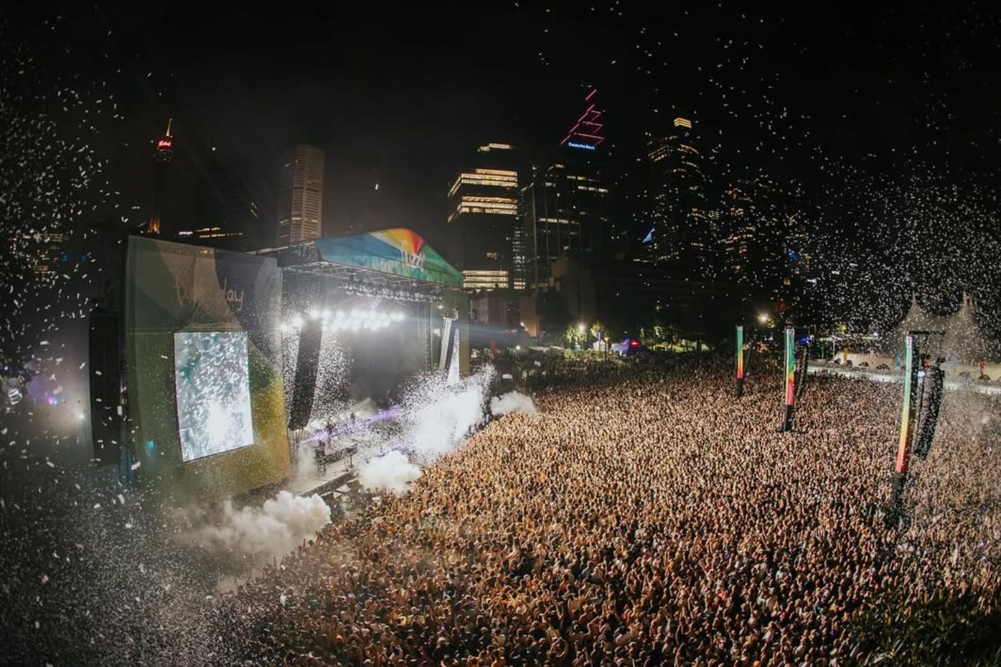 A packed crowd at night at Field Day main stage